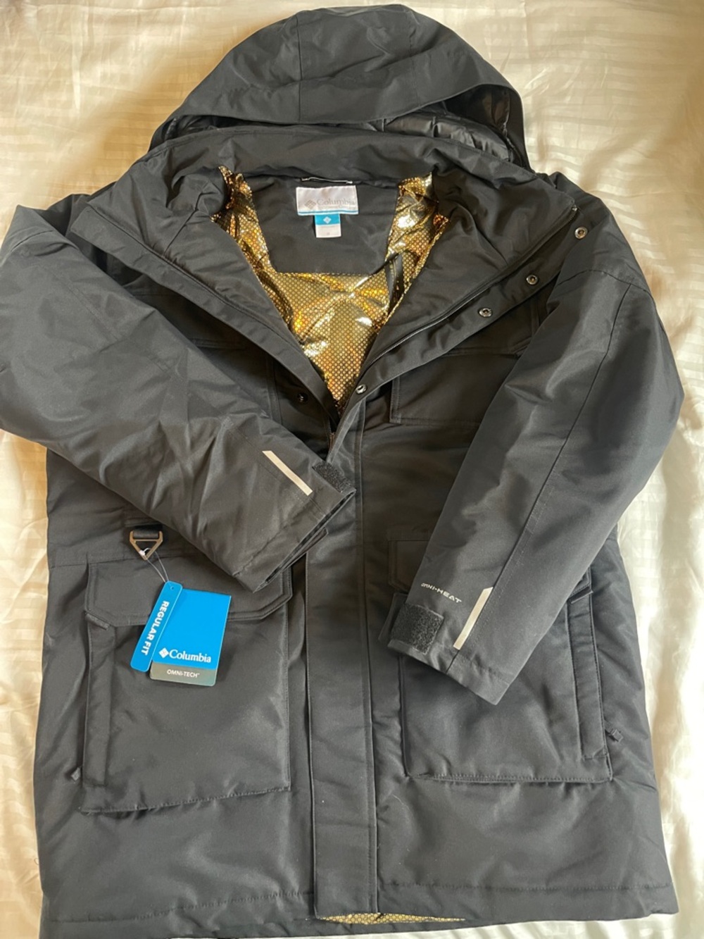 Columbia Black Parka with Gold Lining Hood